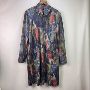 Pure Essence Abstract Print Draped Neck Dress Tunic Pockets Lagenlook Large
